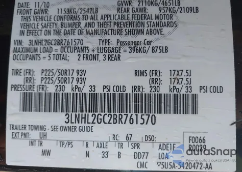 2011 Lincoln Mkz from USA, damaged, VIN 3LNHL2GC2BR761570